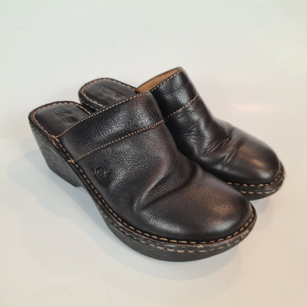 Born Womens‎ Brown Leather Wedge Mules Clogs Shoes Size 7 EU 38 Slip On  Comfort